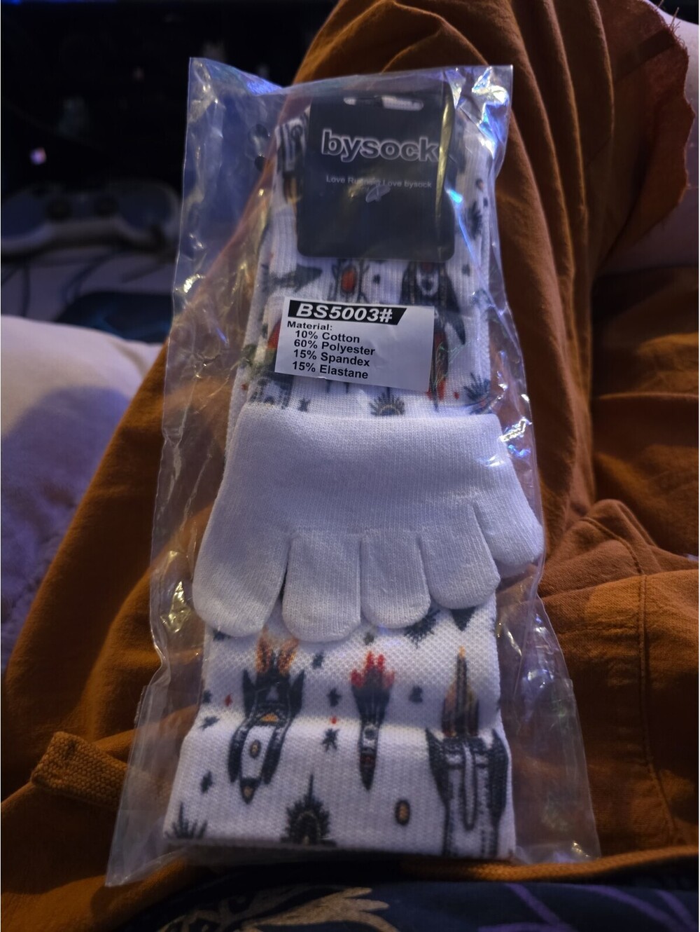 BYSOCK 'Love Running' Unisex Running Toe Socks White With Rockets NWT